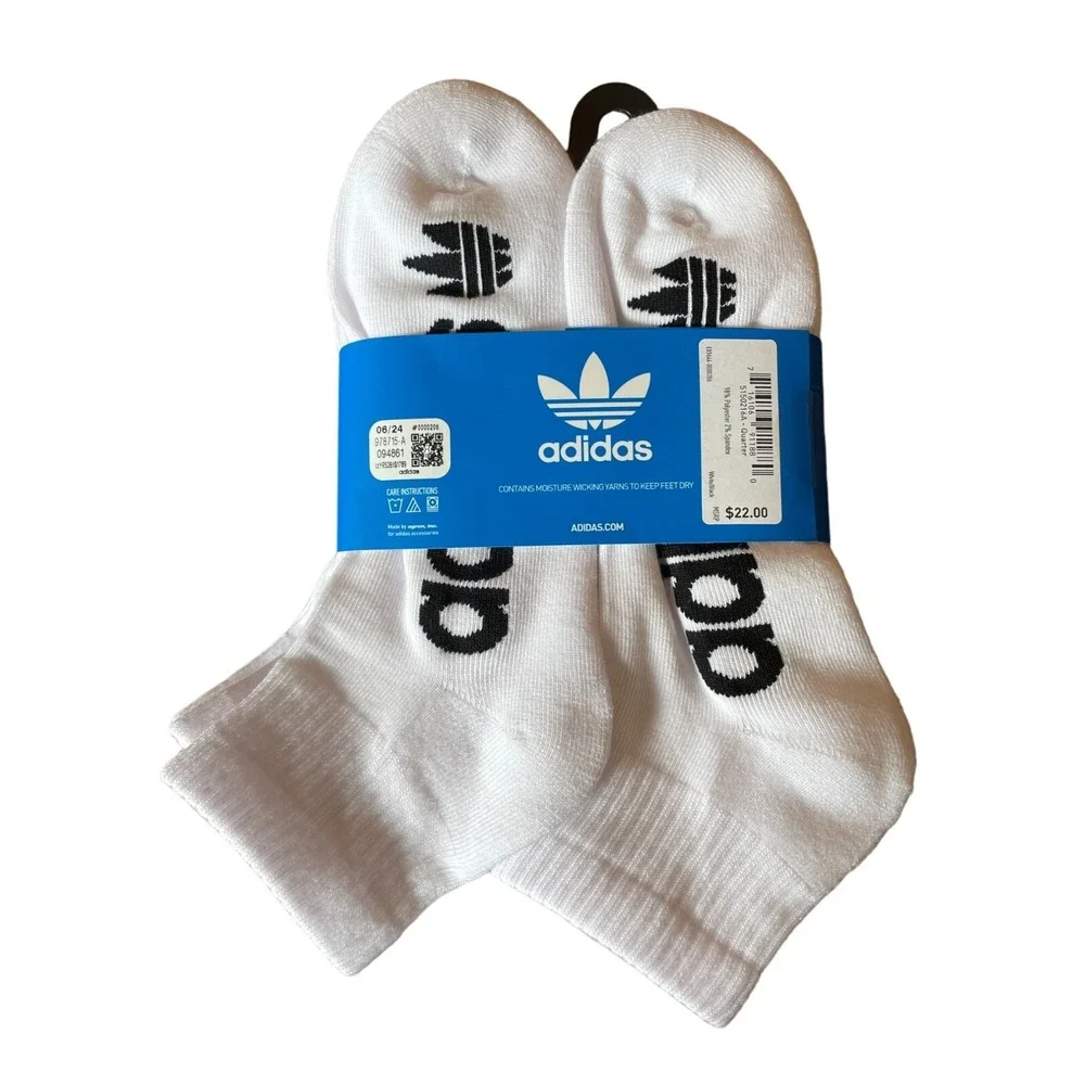 Adidas Quarter Crew Socks Men's 6-12 White & Black‎ Logo 6-Pair Moisture Wicking